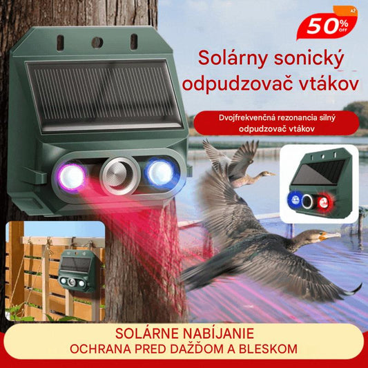 Solárny ultrazvukový odpudzovač zvierat, vhodný na odpudzovanie vtákov vo vonkajšom prostredí, s blikajúcim infračerveným svetlom a červenými a modrými LED svetlami.