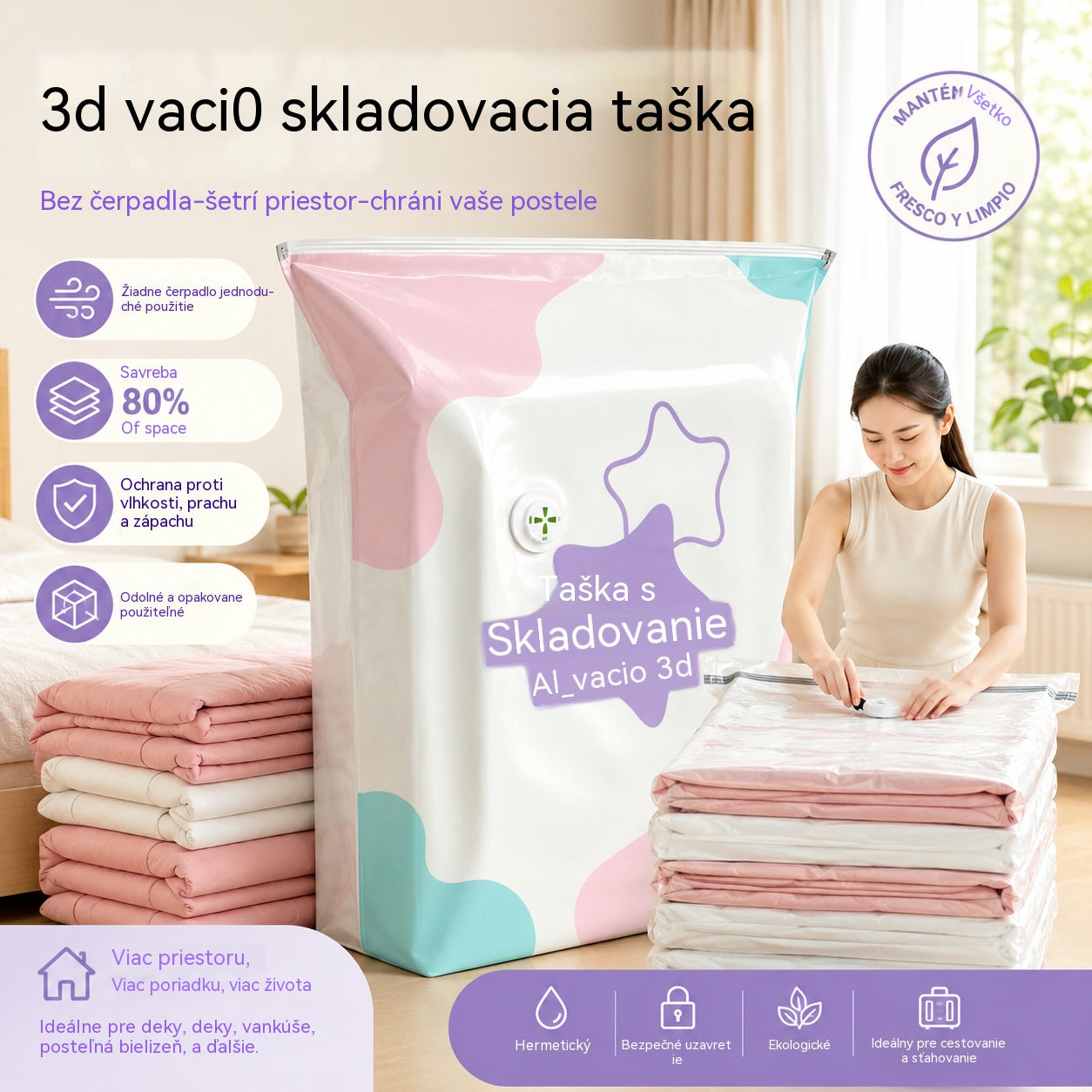 🧳【5-dielna sada】💨 Veľké stlačiteľné vákuové úložné vrecká: Nepotrebujú pumpičku, sú nepriepustné, ideálne na úsporu miesta v kufri a doma✈️