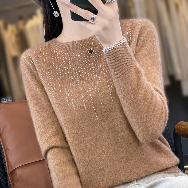 ✨【S-2XL】Suéter de lana para mujer con cuello redondo de terciopelo y decoración de perlas