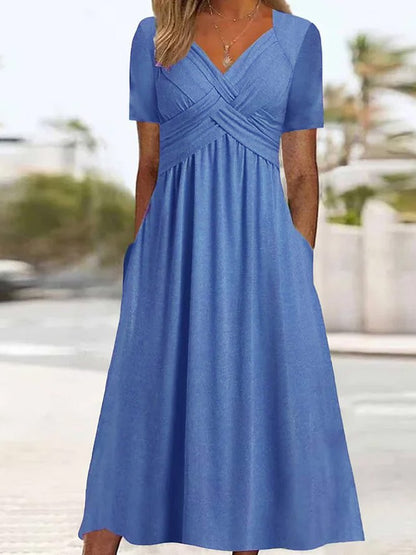 👗Kúpte jeden a druhý dostanete zadarmo🌷【S-3XL】Jarné a letné šaty 2025, nový štýl, jednofarebný, s výstrihom do V, jednoduché, elegantné, ležérne