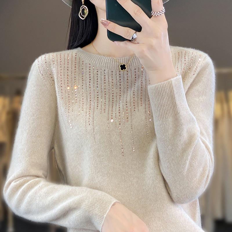 ✨【S-2XL】Suéter de lana para mujer con cuello redondo de terciopelo y decoración de perlas