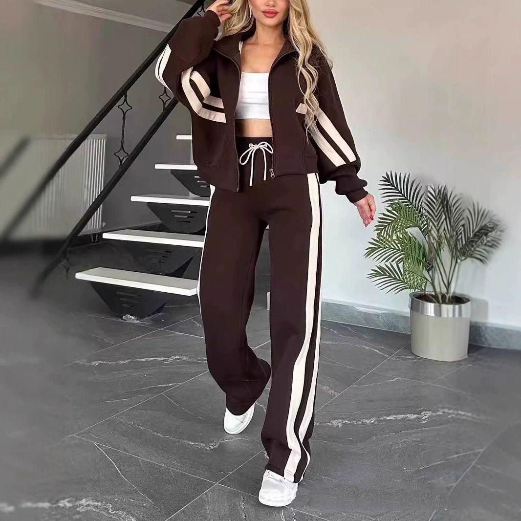 🔥🖤【Oferta por tiempo limitado -50%】Nuevo conjunto para mujer con chaqueta de rayas con cremallera + pantalones casuales, dos piezas