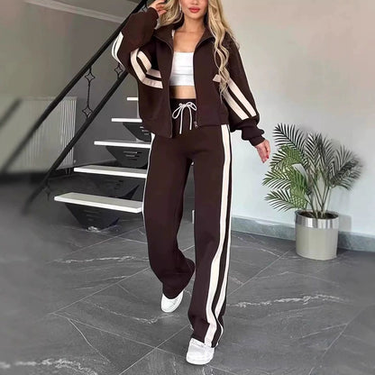 🔥🖤【Oferta por tiempo limitado -50%】Nuevo conjunto para mujer con chaqueta de rayas con cremallera + pantalones casuales, dos piezas