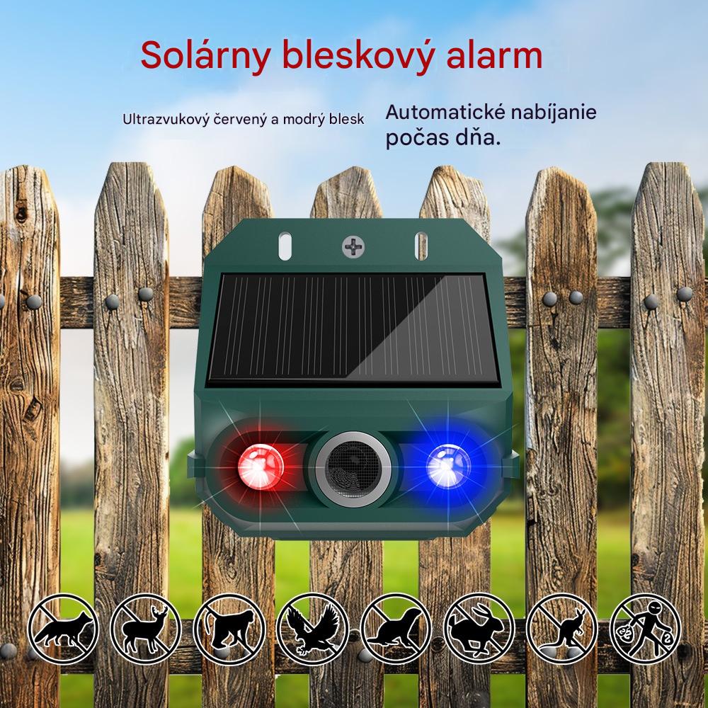 Solárny ultrazvukový odpudzovač zvierat, vhodný na odpudzovanie vtákov vo vonkajšom prostredí, s blikajúcim infračerveným svetlom a červenými a modrými LED svetlami.