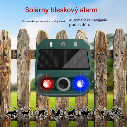 Solárny ultrazvukový odpudzovač zvierat, vhodný na odpudzovanie vtákov vo vonkajšom prostredí, s blikajúcim infračerveným svetlom a červenými a modrými LED svetlami.