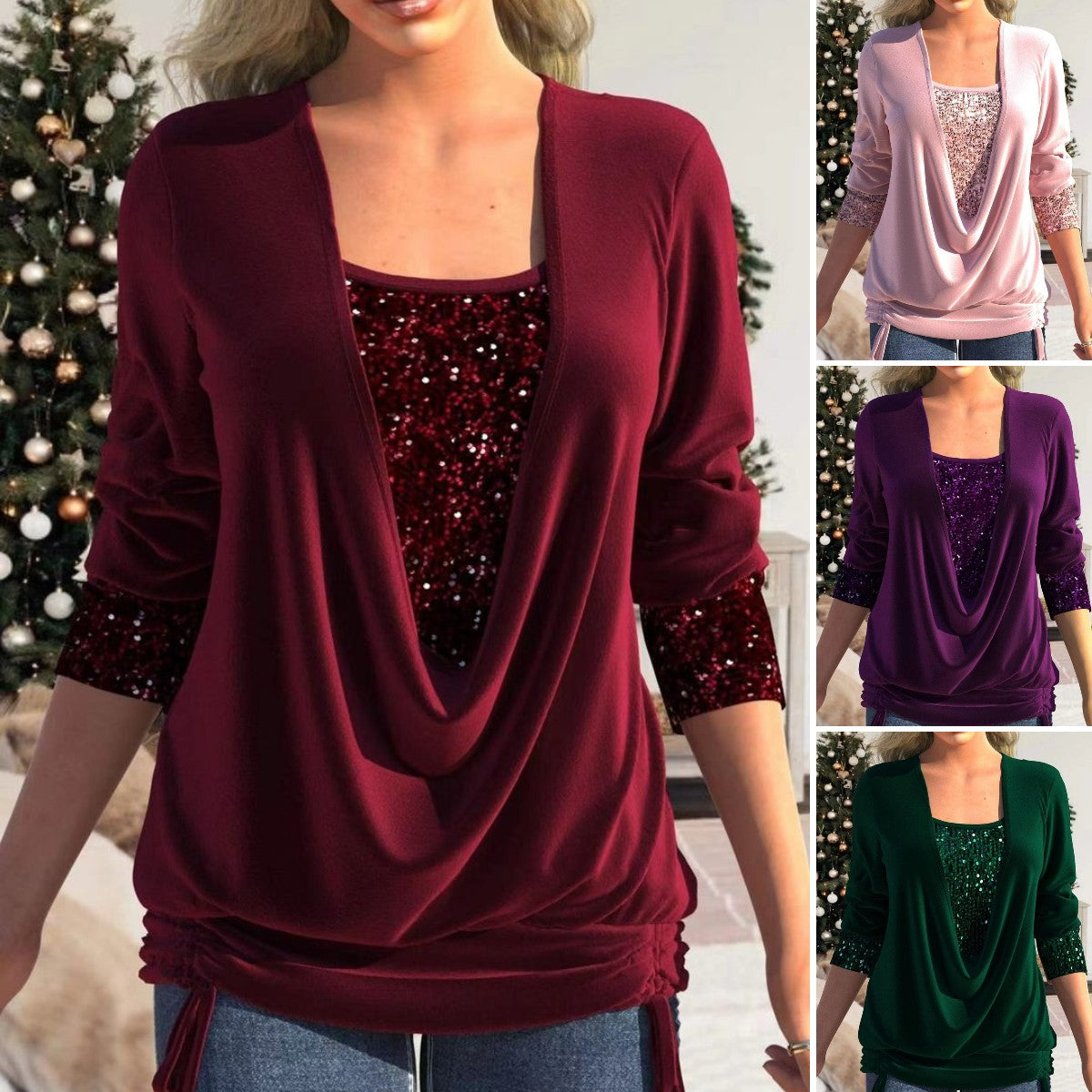 🥰【Купете едно, вземете второ безплатно】❄️【S-5XL】Нов дамски топ с дълъг ръкав и пайети, големи размери, 2025