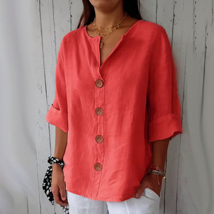 🔥【S-5XL】Nueva camiseta de mujer con cuello en V de algodón y lino con botones: sencilla y elegante.