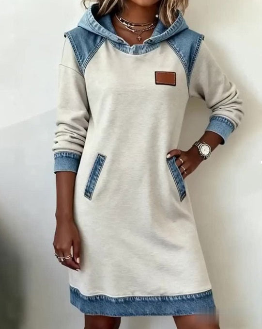 🔥40%OFF🌷🌞Нова зимна модна дънкова рокля с качулка, изработена от пачуърк