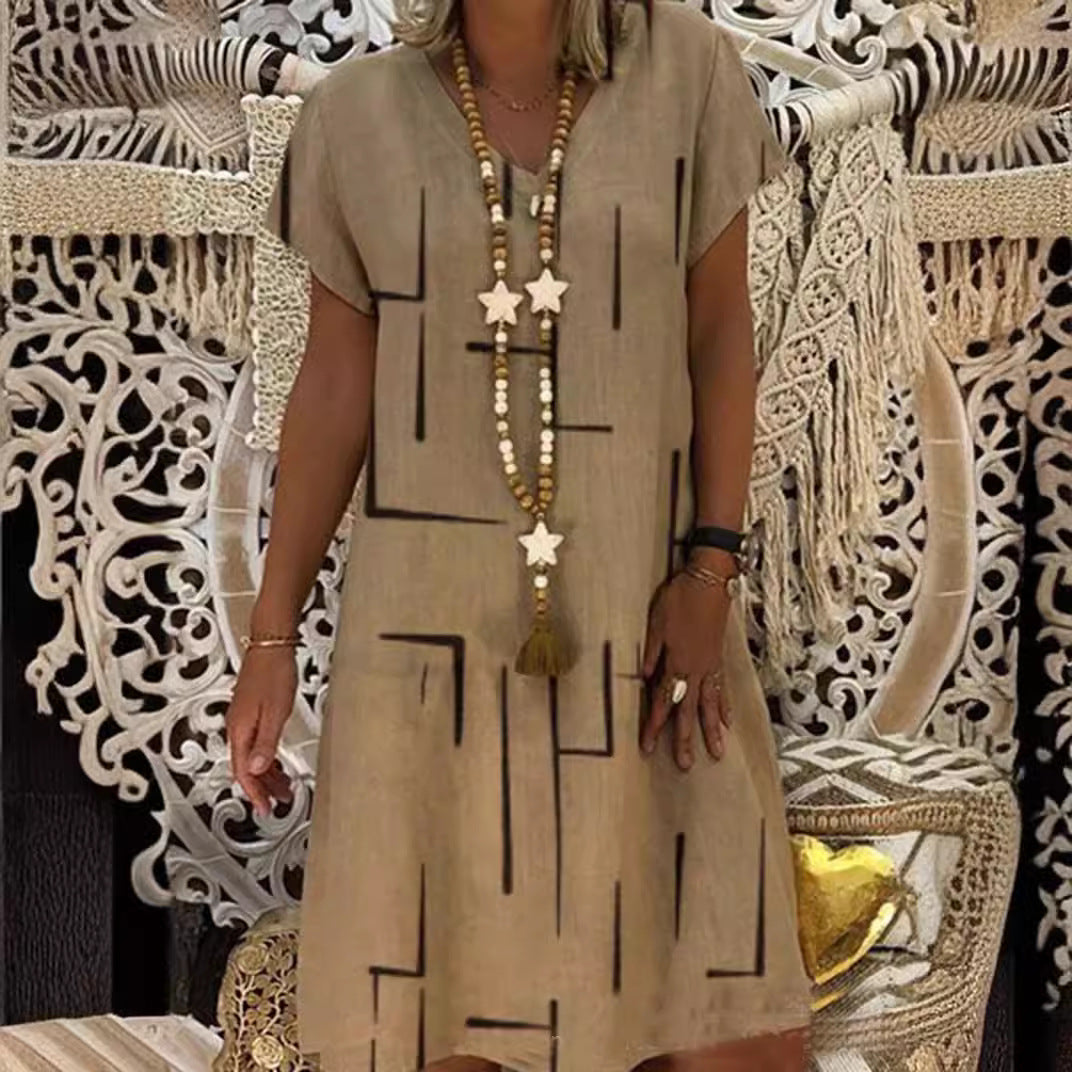 🌲【Kúp jeden, druhý dostaneš zadarmo】👗【S–5XL】Nové šaty s potlačou do V z bavlny a ľanu 🌿Priateľské k pokožke a mäkké