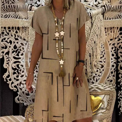 🌲【Kúp jeden, druhý dostaneš zadarmo】👗【S–5XL】Nové šaty s potlačou do V z bavlny a ľanu 🌿Priateľské k pokožke a mäkké