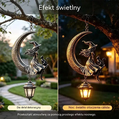 🌙🔮Wisząca latarnia solarna z motywem księżyca – dekoracja ogrodowa w stylu gotycko-brązowym z czarownicą i czarnym kotem