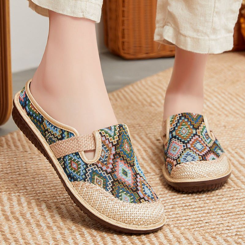 🔥👡50% zniżki 【35-41】Damskie kapcie z miękką podeszwą z haftowanego lnu, antypoślizgowe