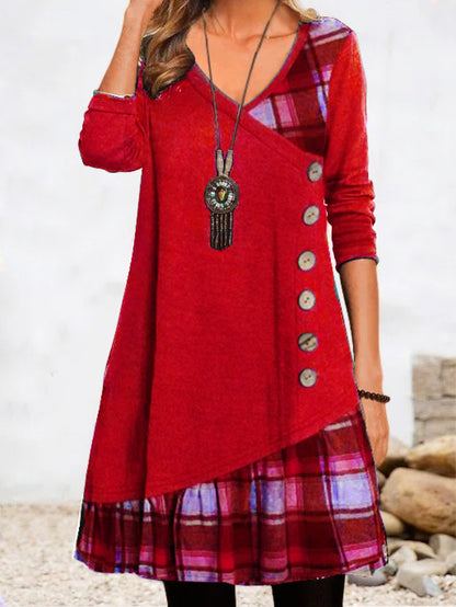 🍂👗49% TANIEJ -【S-3XL】 2025 Nowa elegancka sukienka w kratę z dekoltem w serek i długim rękawem
