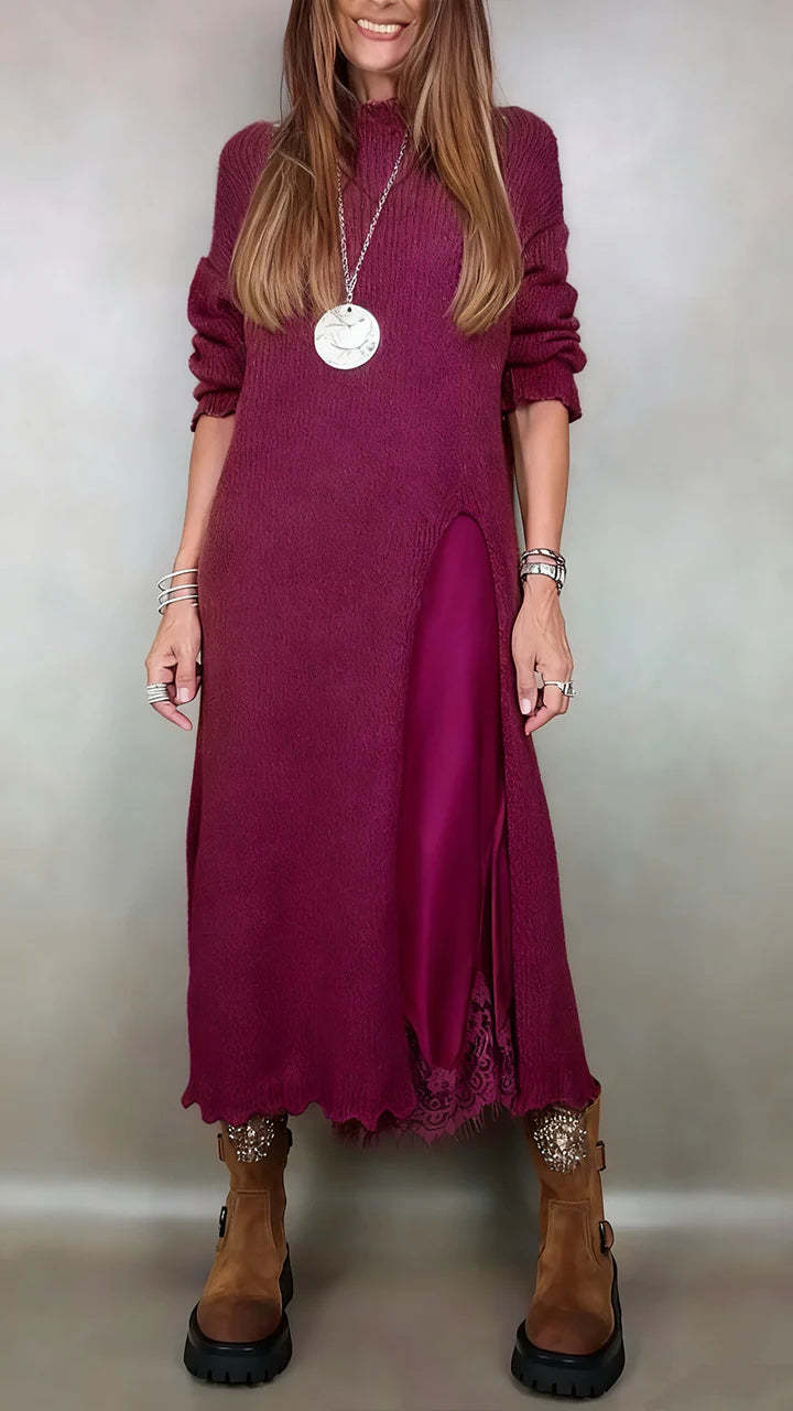 👗【XS–3XL】【-50% Zľava】Nový dvojdielny čipkovaný komplet s rozparkom a pleteným pulóvrom – elegantný jesenný a zimný outfit