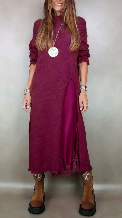 👗【XS–3XL】【-50% Zľava】Nový dvojdielny čipkovaný komplet s rozparkom a pleteným pulóvrom – elegantný jesenný a zimný outfit