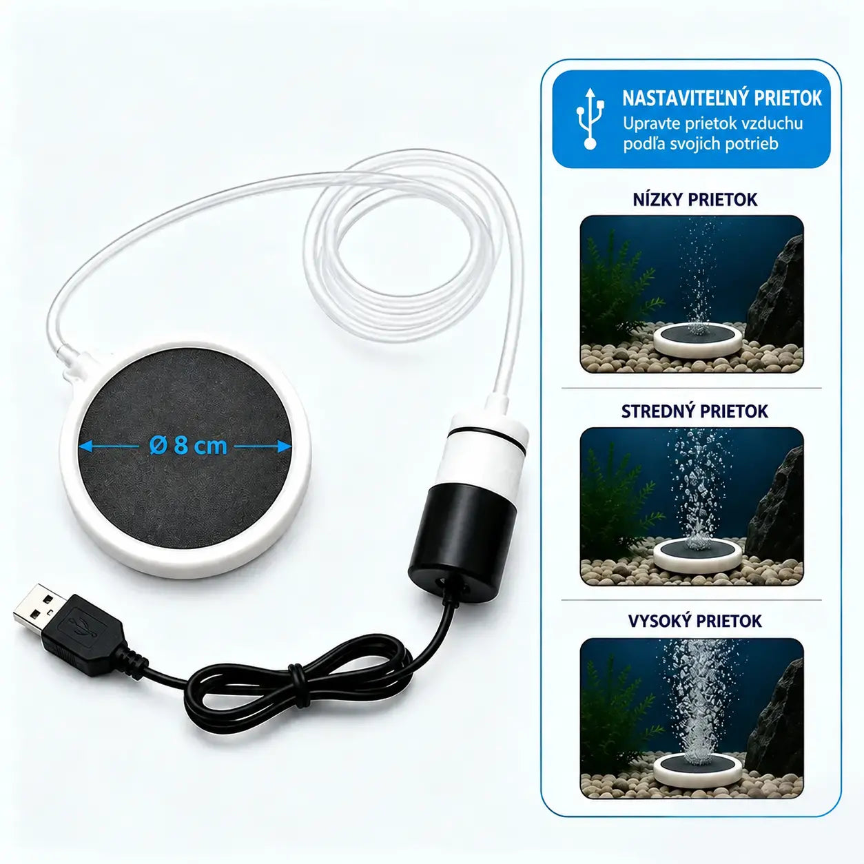 🐟🔇 USB okysličovač akvária s nastaviteľným prietokom – ultra tichý a kompaktný. Ideálny pre akvárium, prepravu rýb aj rybolov. Súčasťou balenia je 8 cm nano vzduchový disk! ✨