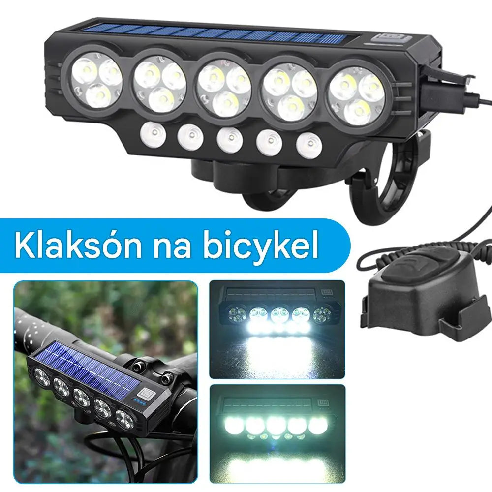 Solárne napájaný svetlomet na bicykel s USB nabíjaním a reproduktorom, 900 lúmenov, dlhotrvajúce a odolné nočné svetlo.