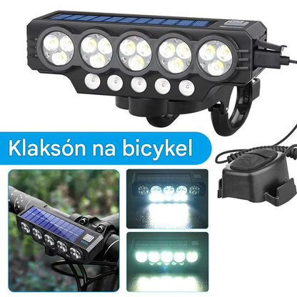 Solárne napájaný svetlomet na bicykel s USB nabíjaním a reproduktorom, 900 lúmenov, dlhotrvajúce a odolné nočné svetlo.