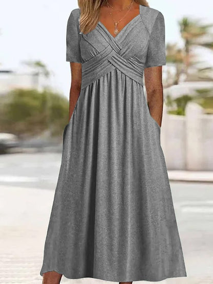👗Kúpte jeden a druhý dostanete zadarmo🌷【S-3XL】Jarné a letné šaty 2025, nový štýl, jednofarebný, s výstrihom do V, jednoduché, elegantné, ležérne