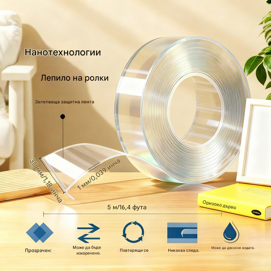 💧 【2/4 ролки】 Нано двойнозалепваща лента с висока лепливост, прозрачна акрилна лента, водоустойчива и прахоустойчива
