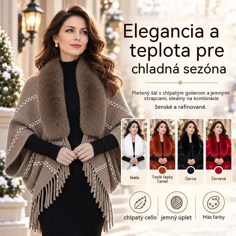 ✨ Pletený zimný šál s nadýchaným golierom a elegantnými strapcami · Voľný a teplý dámsky kardigan v štýle peleríny!