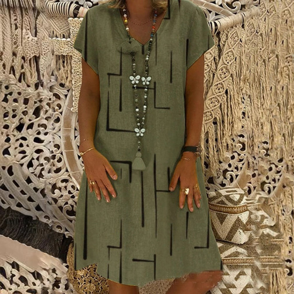 🌲【Kúp jeden, druhý dostaneš zadarmo】👗【S–5XL】Nové šaty s potlačou do V z bavlny a ľanu 🌿Priateľské k pokožke a mäkké