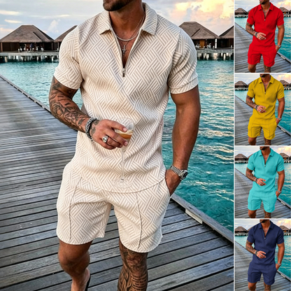 😎 50% de descuento 🔥 【Top + Pantalones cortos】 (40-130 kg) Conjunto diario para hombre: Polo con cremallera y estampado 3D ✅️ Pago contra reembolso