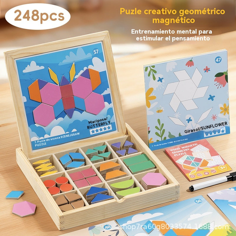 🔥👶🧩 【Descuento por tiempo limitado -50%】 Popular rompecabezas tangram magnético de madera, juguete educativo y de desarrollo para niños【248 piezas】