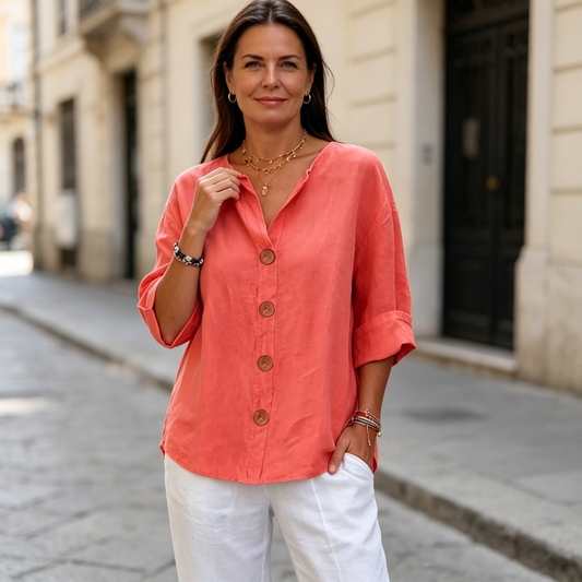 🔥【S-5XL】Nueva camiseta de mujer con cuello en V de algodón y lino con botones: sencilla y elegante.