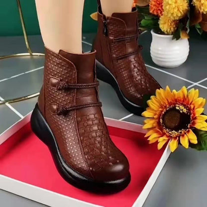 💥💥【35-40】 2025 Zimowe modne skórzane buty termiczne damskie z bocznym zamkiem