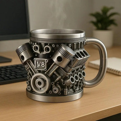 🎁☕ Hrnček na kávu z nehrdzavejúcej ocele Creative Engine V6V8, mechanický dizajn