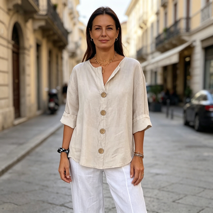 🔥【S-5XL】Nueva camiseta de mujer con cuello en V de algodón y lino con botones: sencilla y elegante.