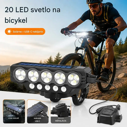 Solárne napájaný svetlomet na bicykel s USB nabíjaním a reproduktorom, 900 lúmenov, dlhotrvajúce a odolné nočné svetlo.