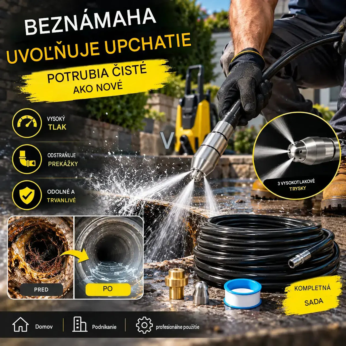 💧Multifunkčný vysokotlakový čistič odtokov / Vybavený vysokotlakovou tryskou a dlhou hadicou / Používa sa na čistenie odtokových potrubí a odstraňovanie upchatia.