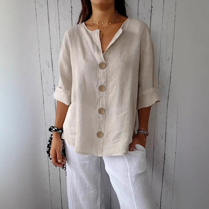 🔥【S-5XL】Nueva camiseta de mujer con cuello en V de algodón y lino con botones: sencilla y elegante.