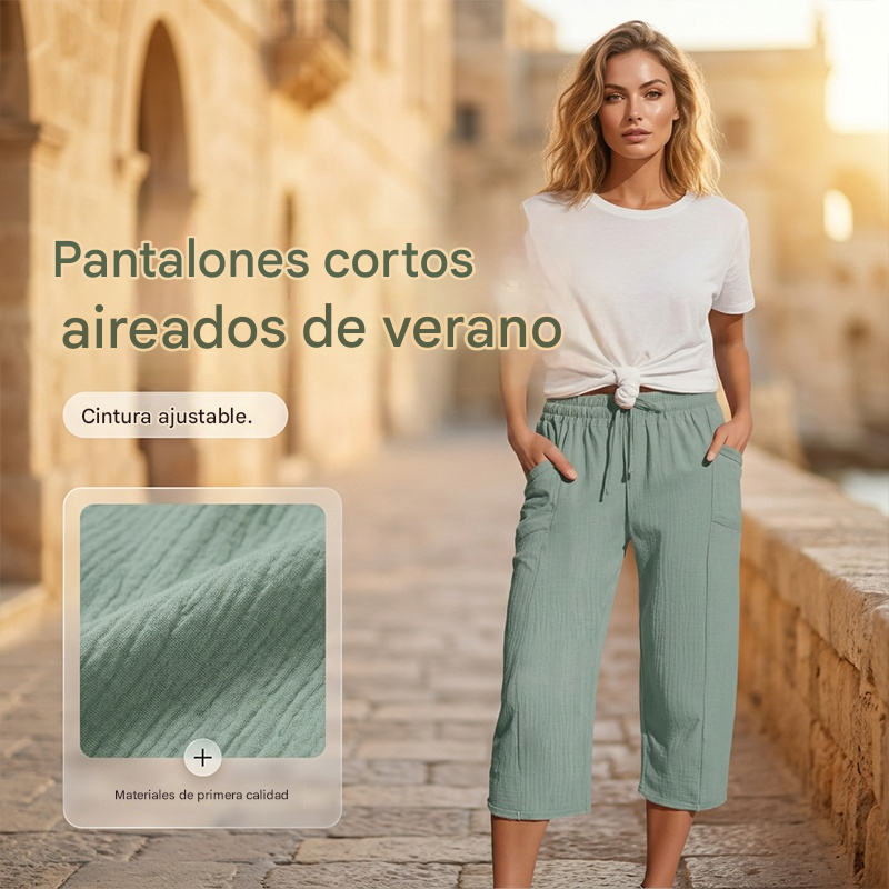 🌸[50% de descuento por tiempo limitado] Pantalones capri plisados de algodón y lino de color liso