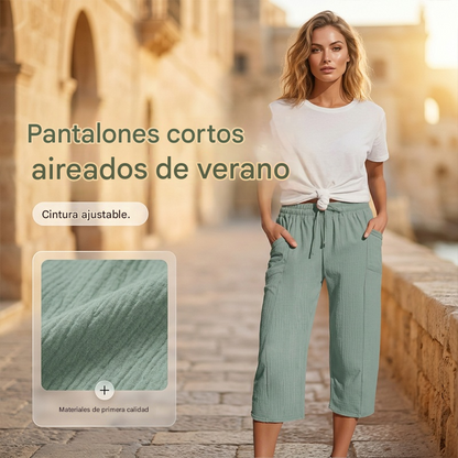 🌸[50% de descuento por tiempo limitado] Pantalones capri plisados de algodón y lino de color liso