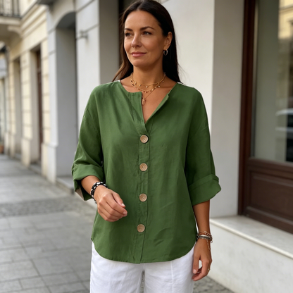 🔥【S-5XL】Nueva camiseta de mujer con cuello en V de algodón y lino con botones: sencilla y elegante.