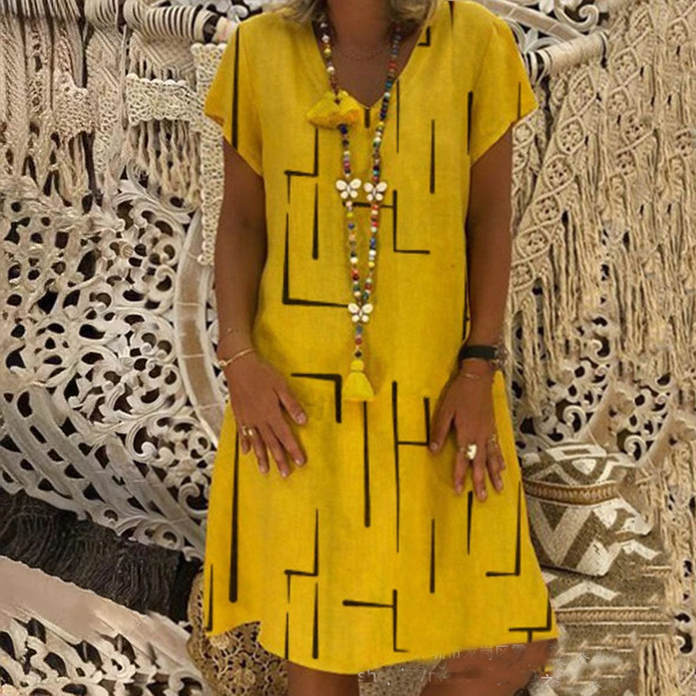 🌲【Kúp jeden, druhý dostaneš zadarmo】👗【S–5XL】Nové šaty s potlačou do V z bavlny a ľanu 🌿Priateľské k pokožke a mäkké