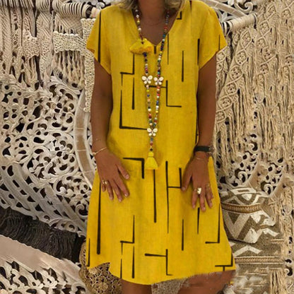 🌲【Kúp jeden, druhý dostaneš zadarmo】👗【S–5XL】Nové šaty s potlačou do V z bavlny a ľanu 🌿Priateľské k pokožke a mäkké