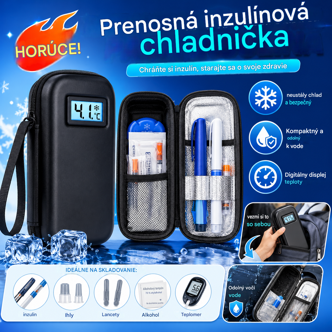 Cestovný chladič na inzulín s displejom teploty