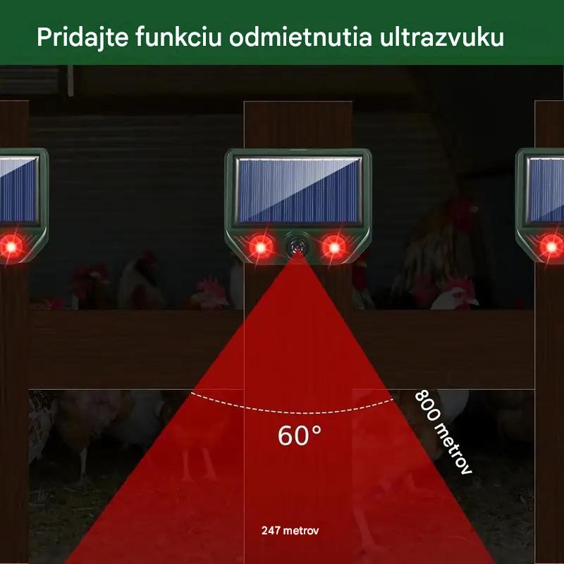 Solárny ultrazvukový odpudzovač zvierat, vhodný na odpudzovanie vtákov vo vonkajšom prostredí, s blikajúcim infračerveným svetlom a červenými a modrými LED svetlami.
