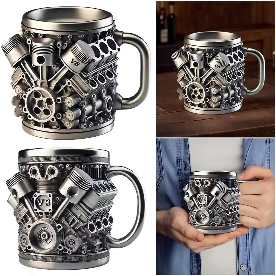 🎁☕ Hrnček na kávu z nehrdzavejúcej ocele Creative Engine V6V8, mechanický dizajn