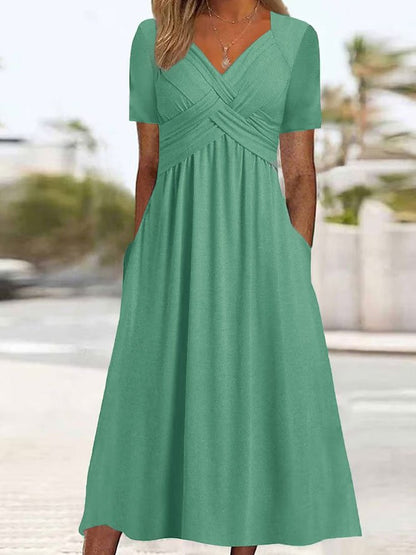 👗Kúpte jeden a druhý dostanete zadarmo🌷【S-3XL】Jarné a letné šaty 2025, nový štýl, jednofarebný, s výstrihom do V, jednoduché, elegantné, ležérne