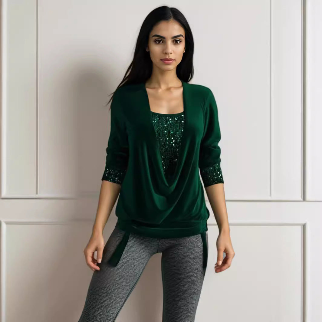 🥰【Купете едно, вземете второ безплатно】❄️【S-5XL】Нов дамски топ с дълъг ръкав и пайети, големи размери, 2025