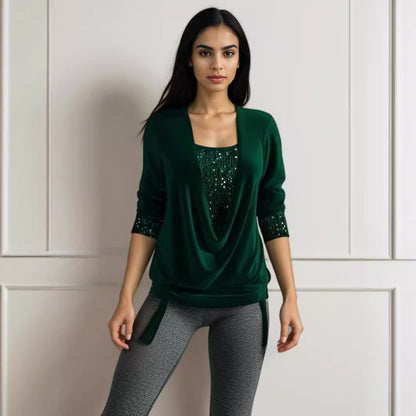 🥰【Купете едно, вземете второ безплатно】❄️【S-5XL】Нов дамски топ с дълъг ръкав и пайети, големи размери, 2026