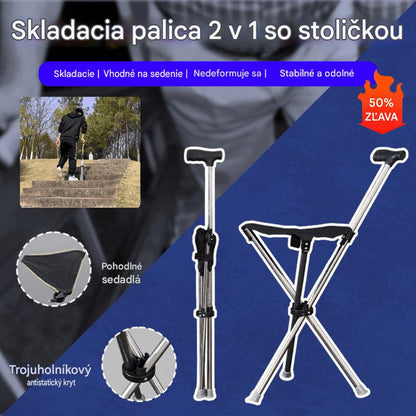 ✨Skladacia vychádzková palica 2 v 1 so stoličkou, barlami proti pádu, skladacia a prenosná✅Teleskopické trekingové palice