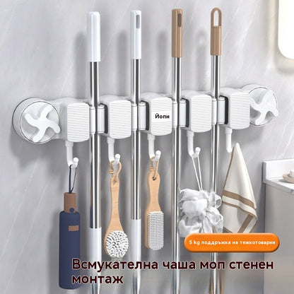 ✨【Купи 1, вземи 1 безплатно】Нов настенен държач за моп и метла, без пробиване • силно засмукване • пести място