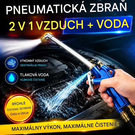 🚗💦 Pneumatická čistiaca pištoľ 2 v 1 – Silný prúd vzduchu a vysokotlaková voda pre hĺbkové čistenie 🔥