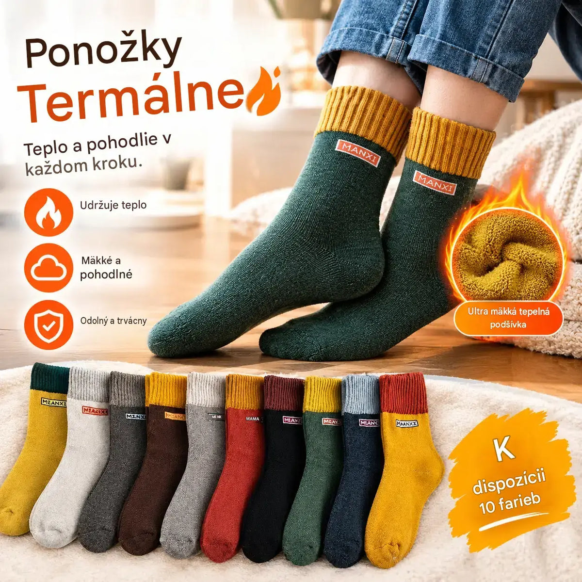 🧦【10 párov za 27 €】Zosilnené, plne flísom podšité zimné ponožky z čistej bavlny do polovice lýtok s funkciou odvádzania zápachu.